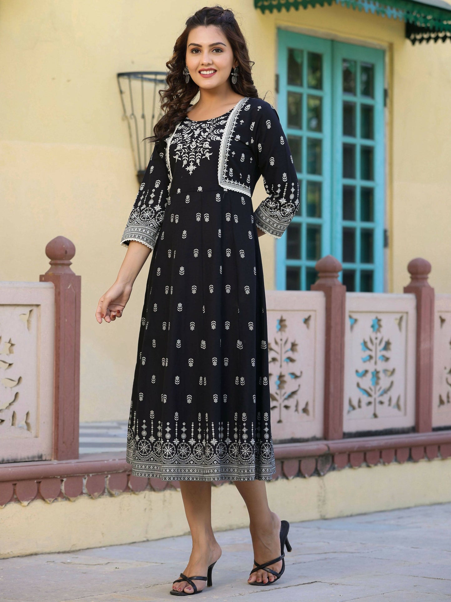 Juniper Women's Black Printed Anarkali Flared Dress