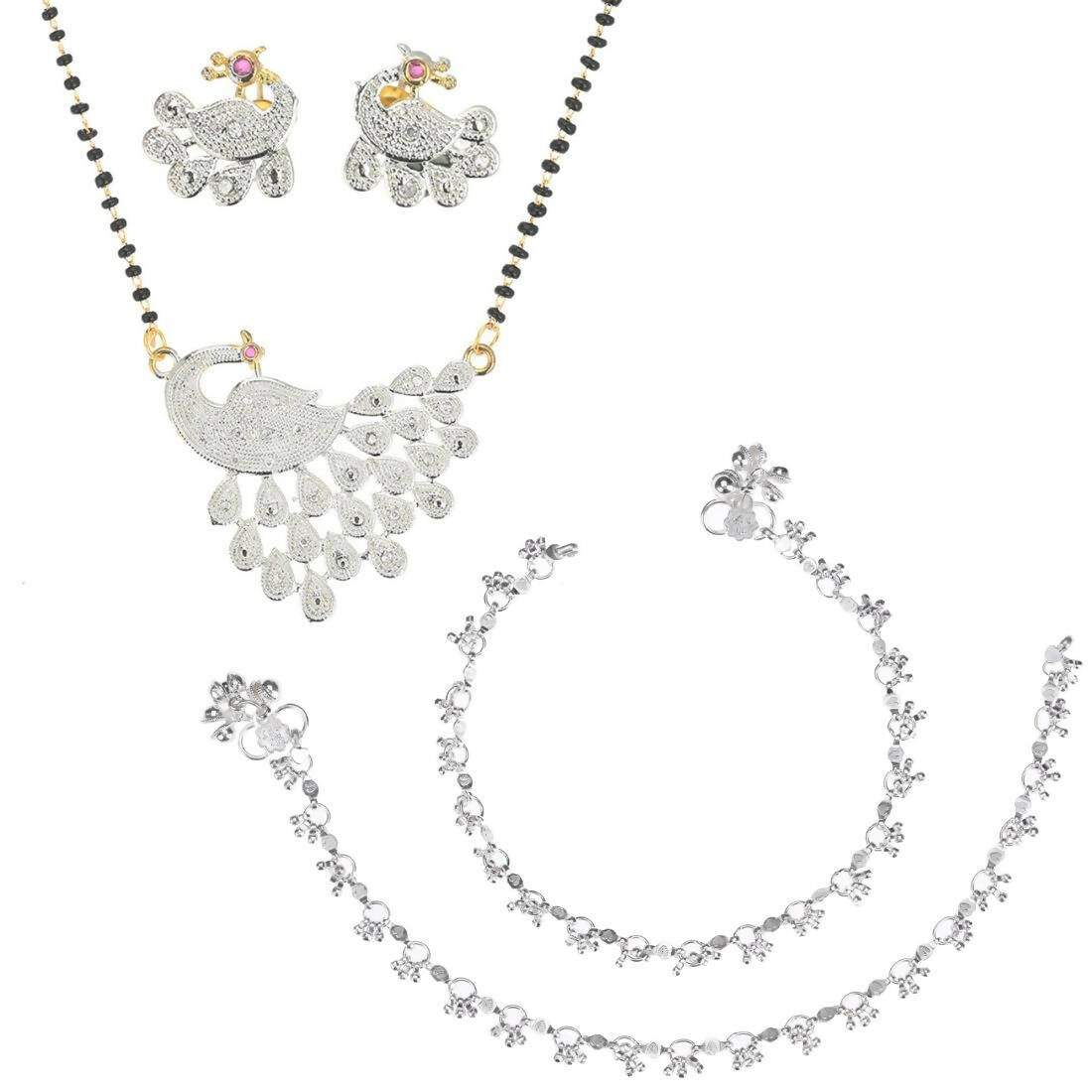 AanyaCentric Gold-Polished Mangalsutra Pendant Earring Set & Silver Plated Anklet