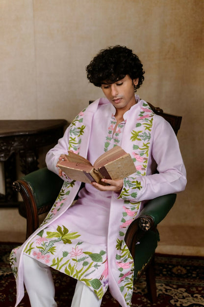 Falling Raw Silk Lavinder Taruni Hamsa Kurta Set By Hilo Design
