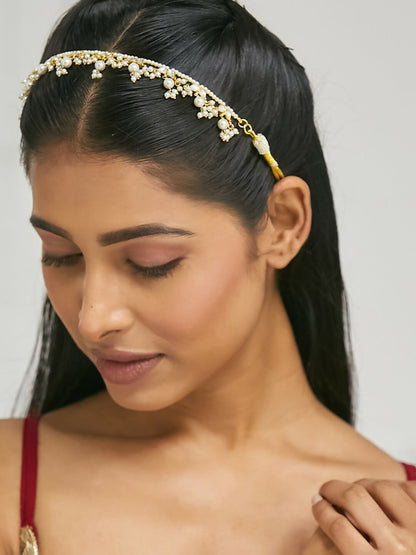 Nuyug 22K Gold-Plated Kundan & Pearl Studded Matha Patti Head Jewellery