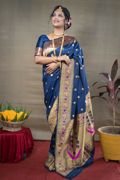 Jyoti Fashion Women's Blue Paithani Silk Zari Woven Saree with Blouse