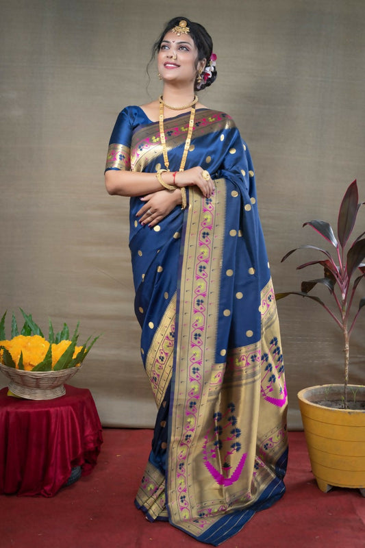 Jyoti Fashion Women's Blue Paithani Silk Zari Woven Saree with Blouse