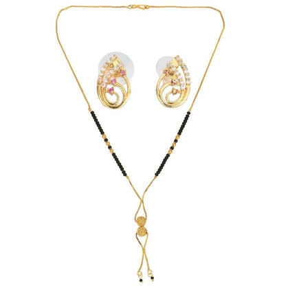 AanyaCentric Gold-Polished Short Mangalsutra Set with Earrings