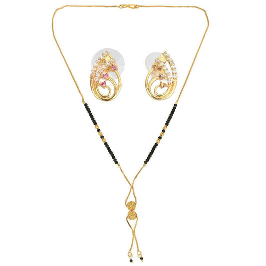 AanyaCentric Gold-Polished Short Mangalsutra Set with Earrings