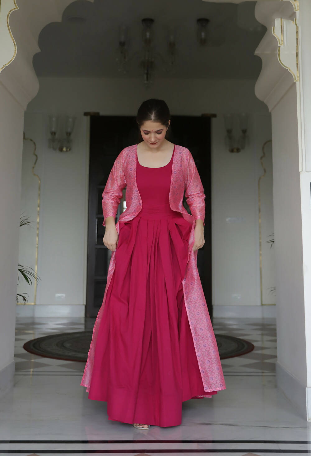 Partywear Designer Digital print Pink Maslin Gown - Anbazaar