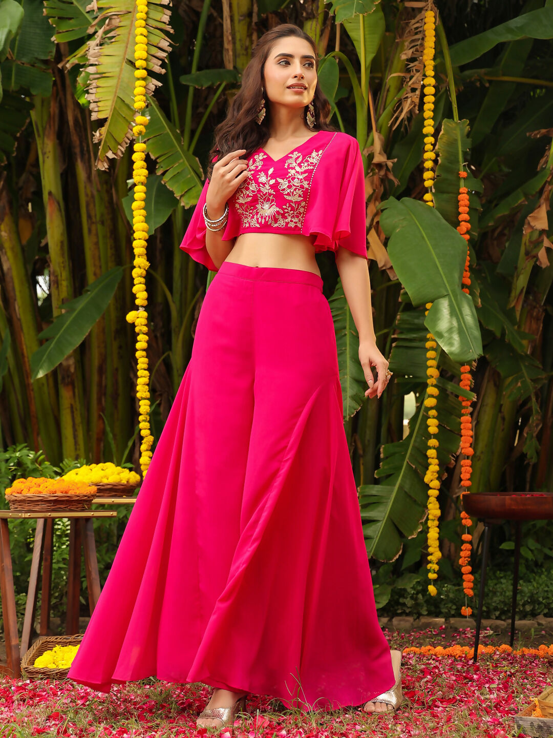 Janasya Pink Georgette Yoke Embroidery Co-Ords