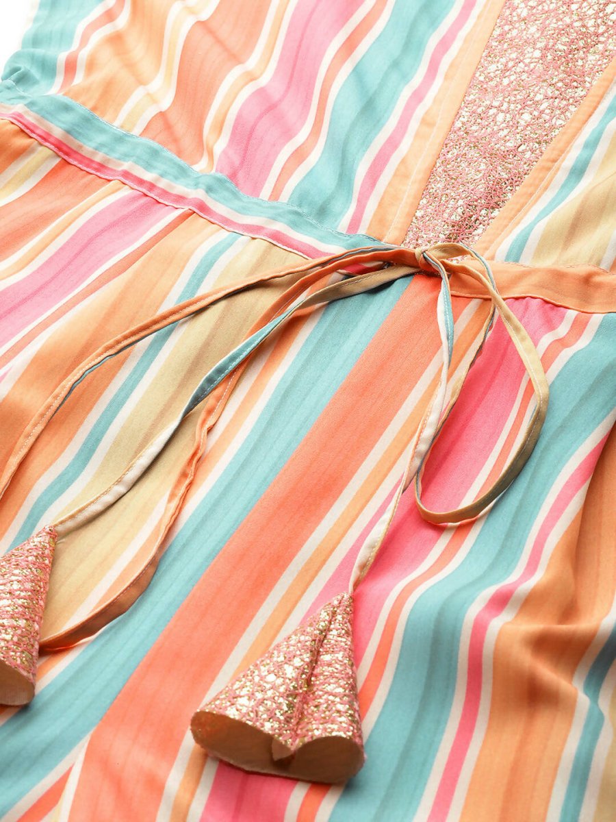 Ahalyaa Coral Orange & Blue Candy Striped Basic Jumpsuit