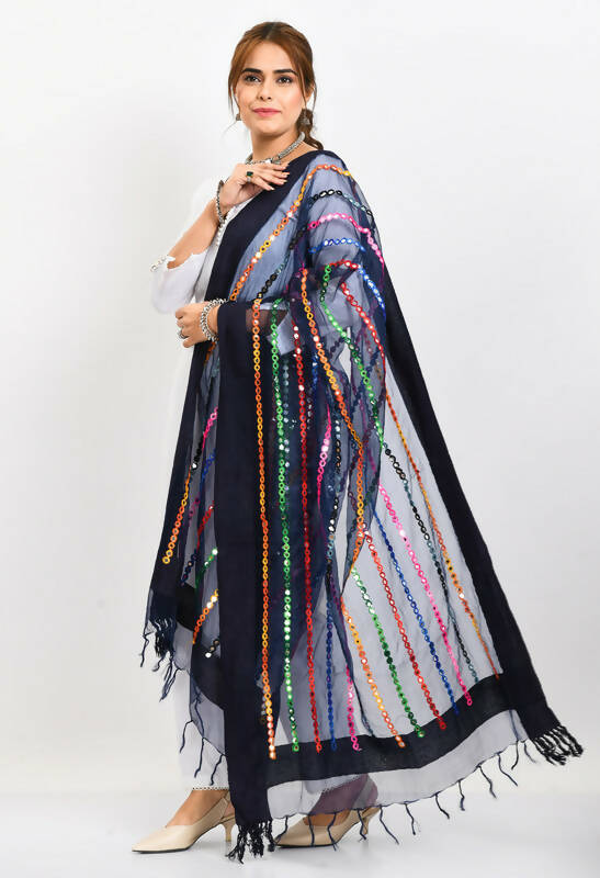 Mominos Fashion Moeza Women's Orgenza Multi Thread Mirror Work Navy Blue Dupatta
