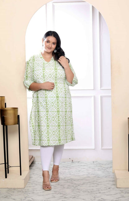 Miravan Women's Plus Size White And Green Tie Dye Cotton Kurti