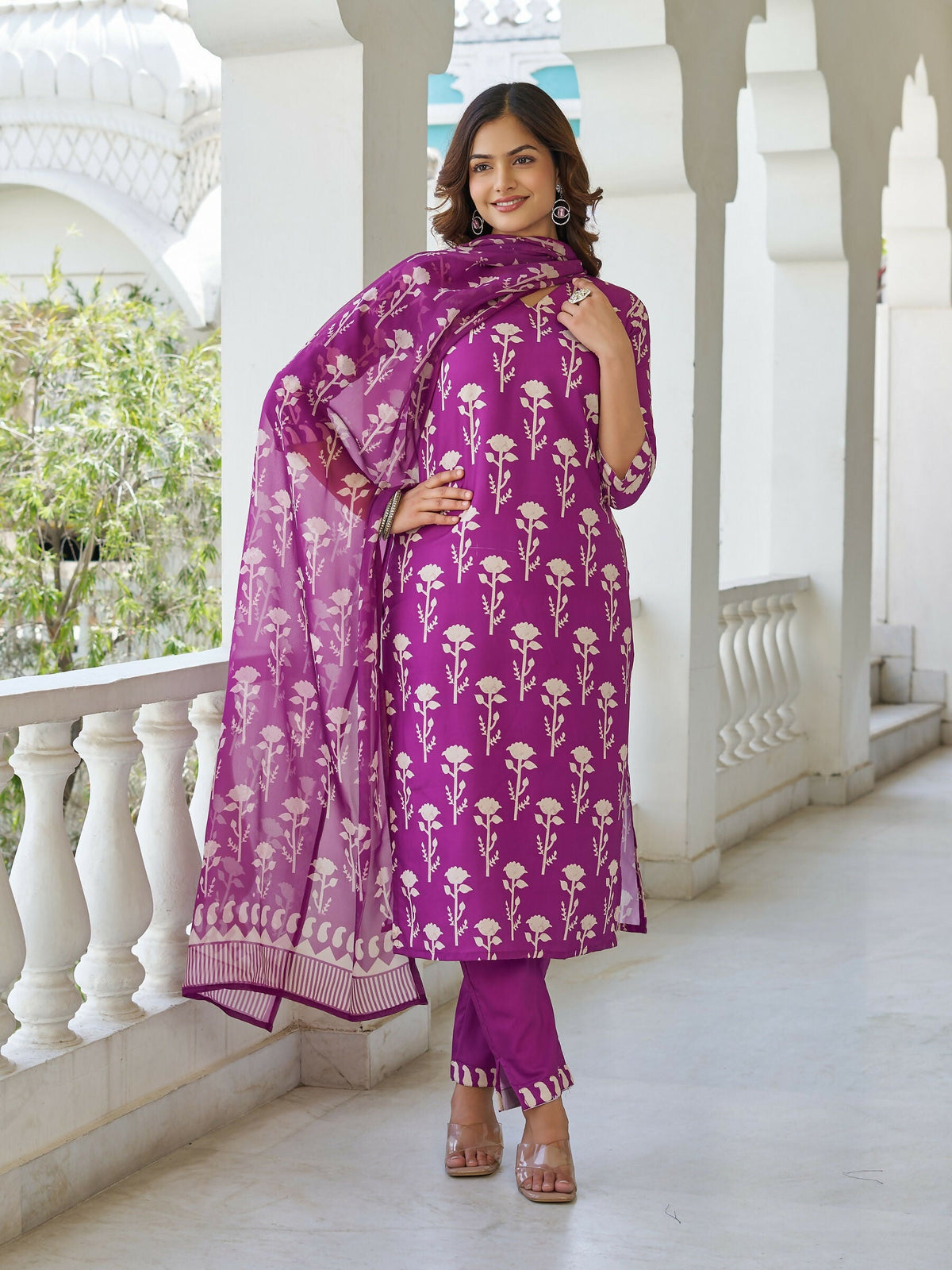 The52 Wine Women's Beautiful Cotton Blend Fabric Printed Work Straight Kurta, Pant and Dupatta Set
