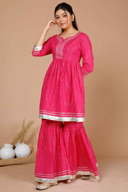 Miravan Women's Pink Printed A-Line Gotta Patti Lurex Cotton Kurti With Sharara