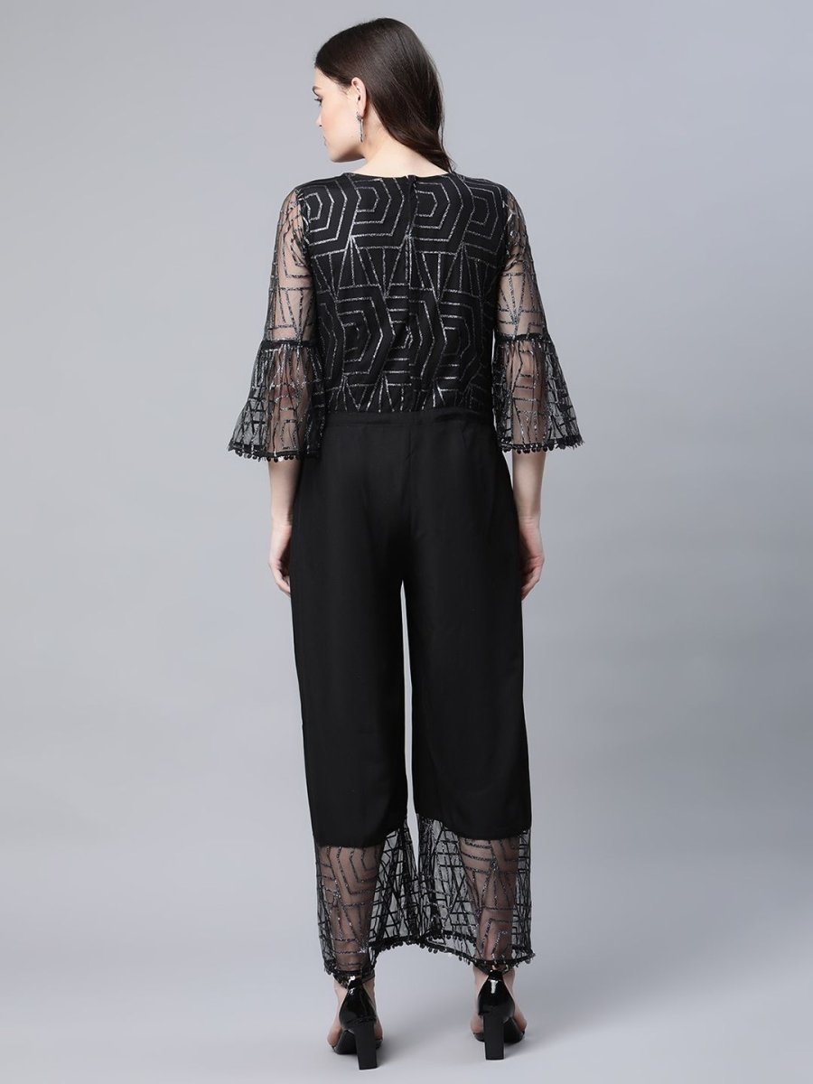 Ahalyaa Womens Crepe & Net Black Printed Jumpsuit