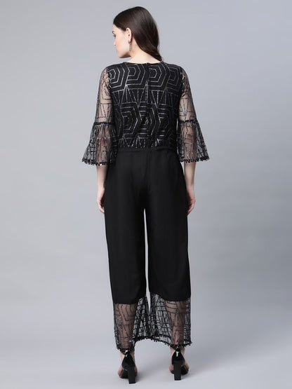 Ahalyaa Womens Crepe & Net Black Printed Jumpsuit