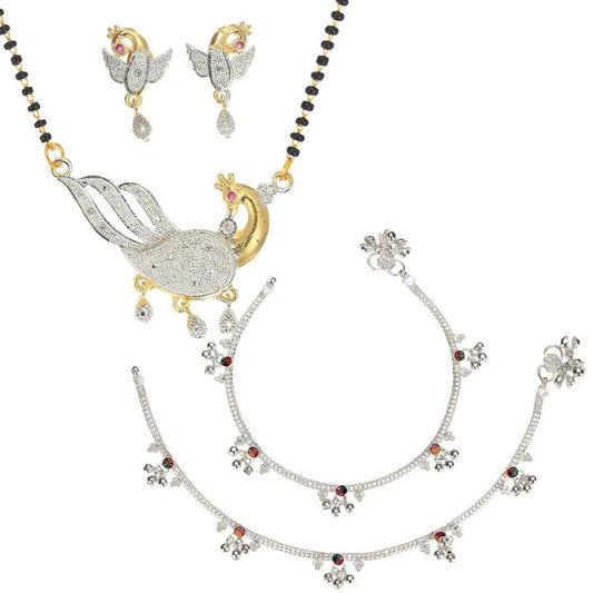 AanyaCentric Gold-Polished Mangalsutra Pendant Earring Set & Silver Plated Anklet
