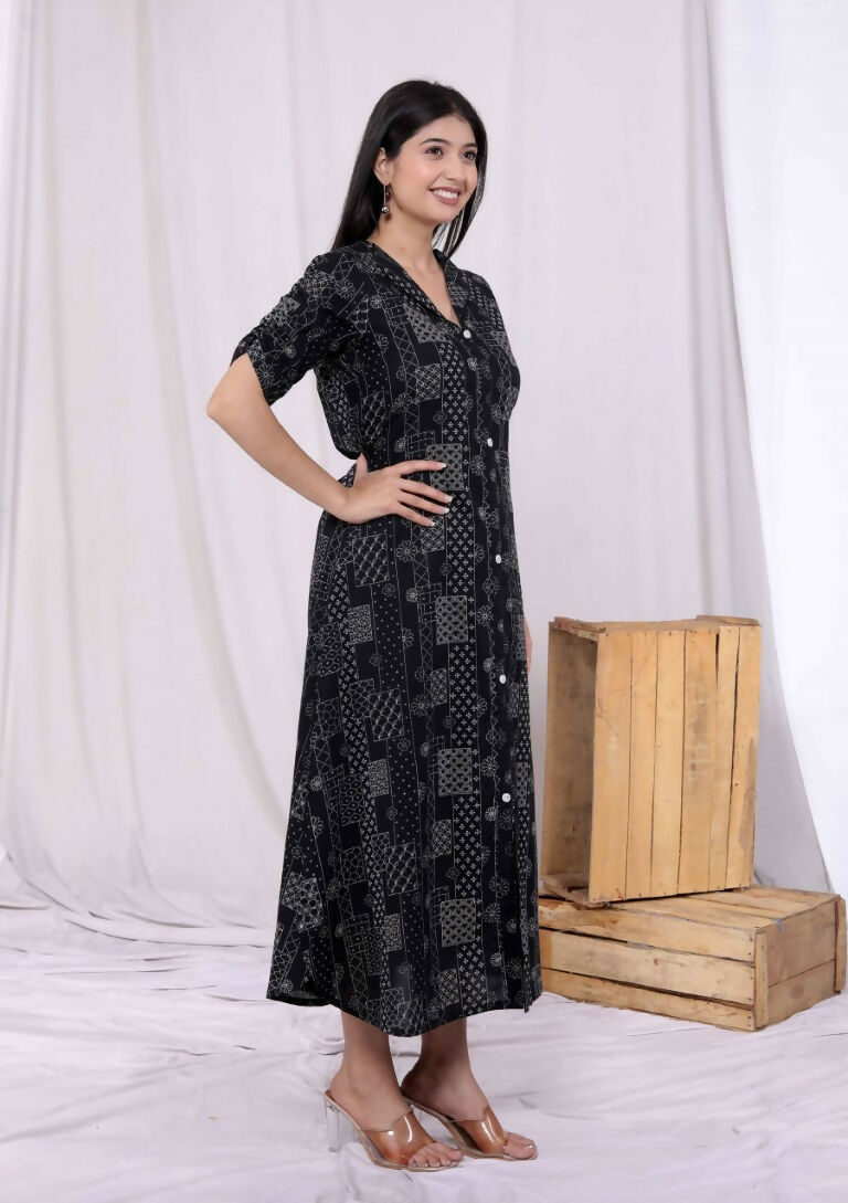 Miravan Women's Pure Cotton Black Floral Printed Front Button A-Line Midi Dress