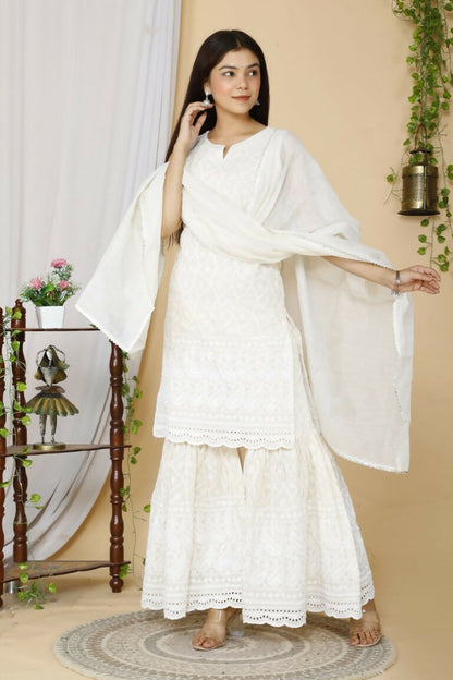 Miravan Women's Beige Embroidered Chikankari Pure Cotton Kurti With Sharara And Dupatta