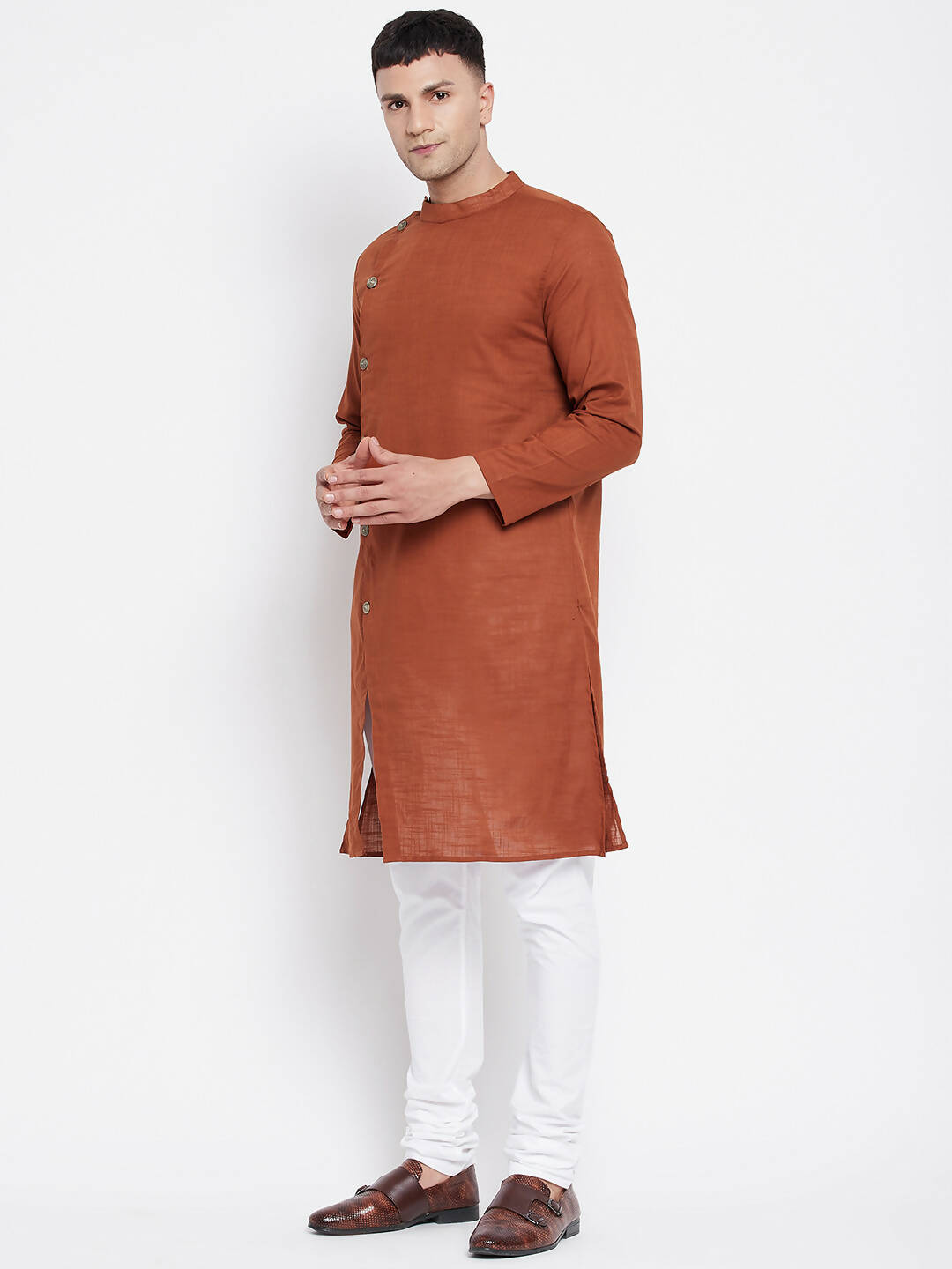 Even Apparels Brown Pure Cotton Men's Sherwani Kurta With Asymetrical Cut