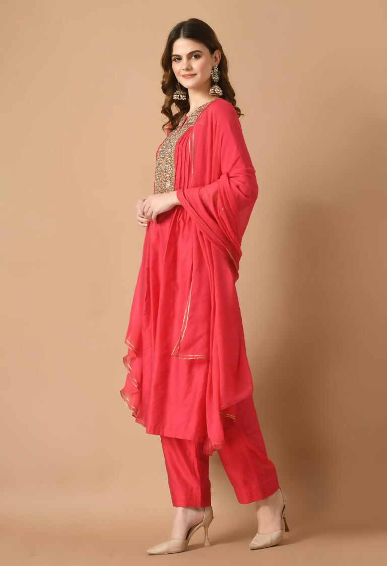 Joban Fashion Red Chanderi Kurta Set