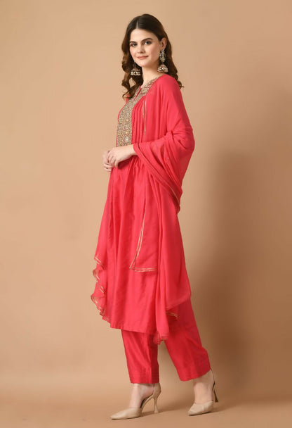 Joban Fashion Red Chanderi Kurta Set