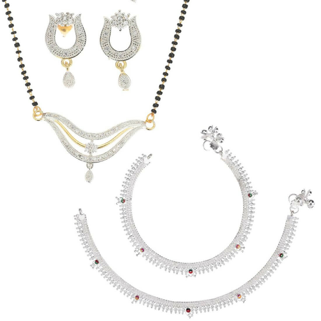 AanyaCentric Gold-Polished Mangalsutra Pendant Earring Set & Silver Plated Anklet