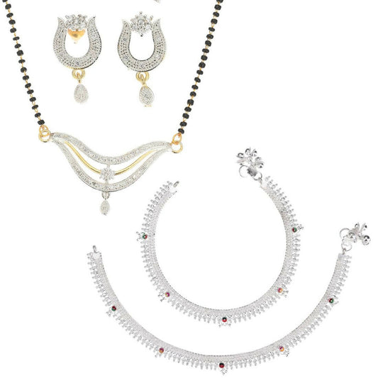 AanyaCentric Gold-Polished Mangalsutra Pendant Earring Set & Silver Plated Anklet