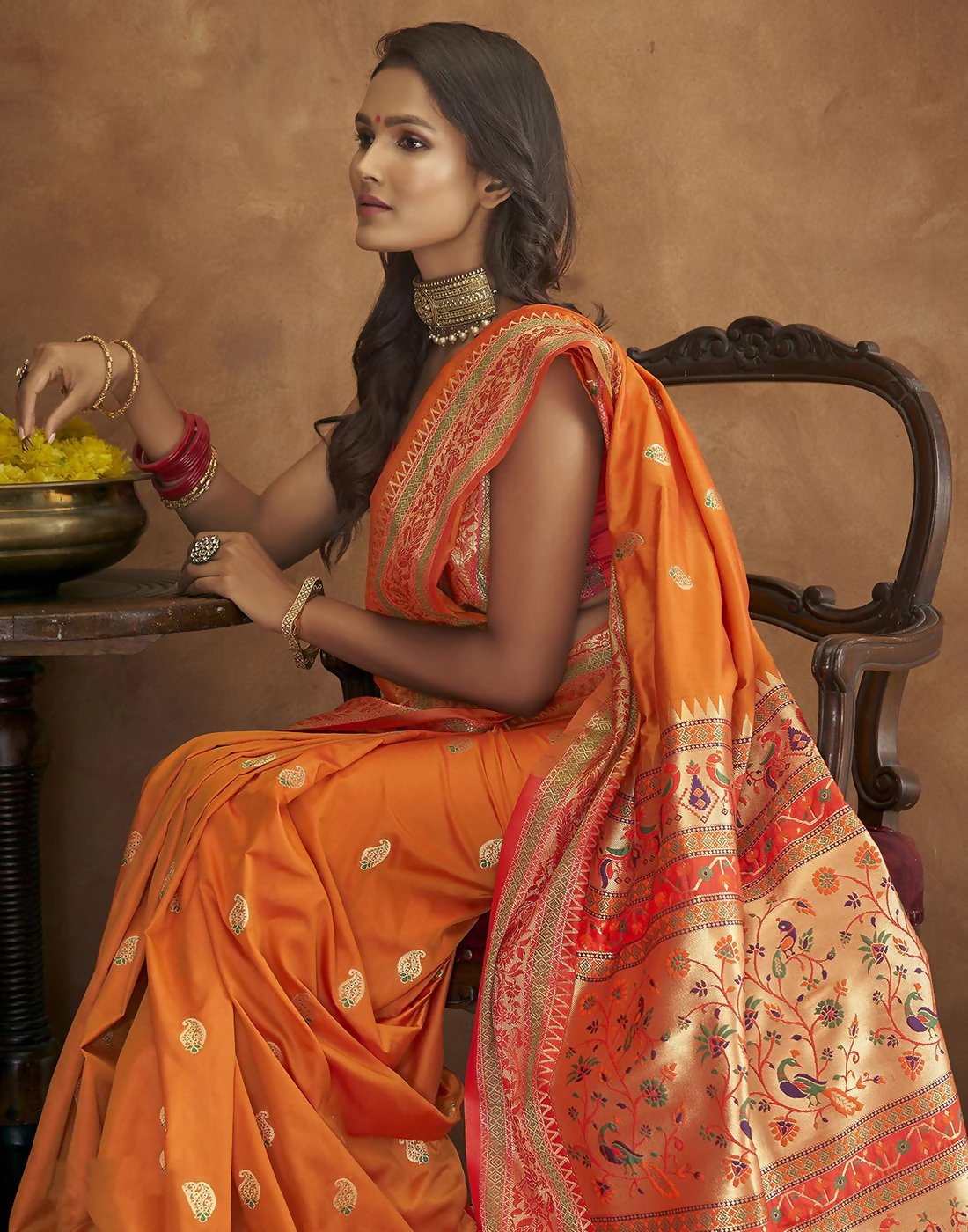 Vastranavya Orange Soft Paithani Silk Saree With Gold Zari Weaving Motifs With Matching Blouse Fabric