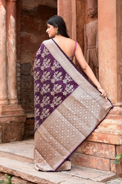 Joban Fashion Purple Pure Katan Pure Handloom Banarasi Silk Saree