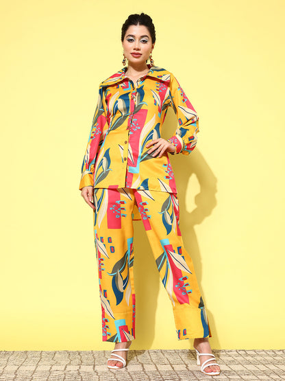 Yufta Yellow and Pink Printed Satin Co-Ords