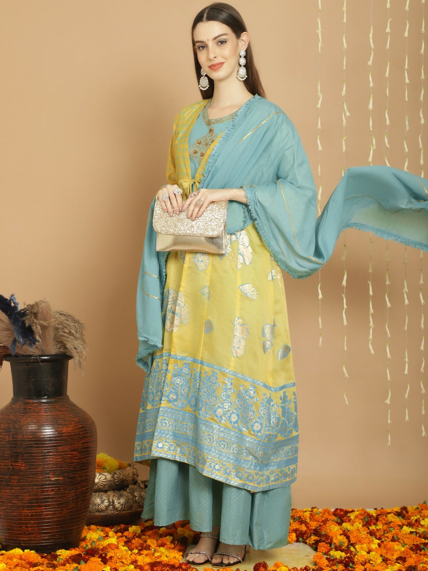 Jyoti Fashion Women's Yellow Chanderi Silk Elegant Jardoshi Kurta with Trouser & Dupatta