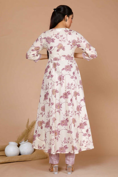 Miravan Women's Pink Floral Print Anarkali Kurta With Palazzo & Dupatta Set