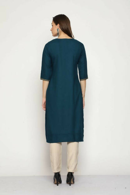 Maai Rayon Hand Printed Kurta Navy