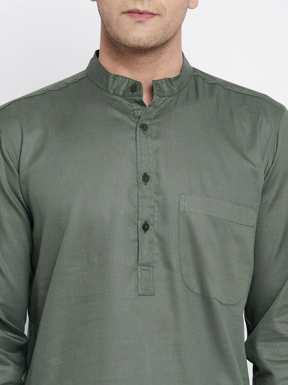 Even Apparels Green Color Linen Men's Kurta With Band Collar