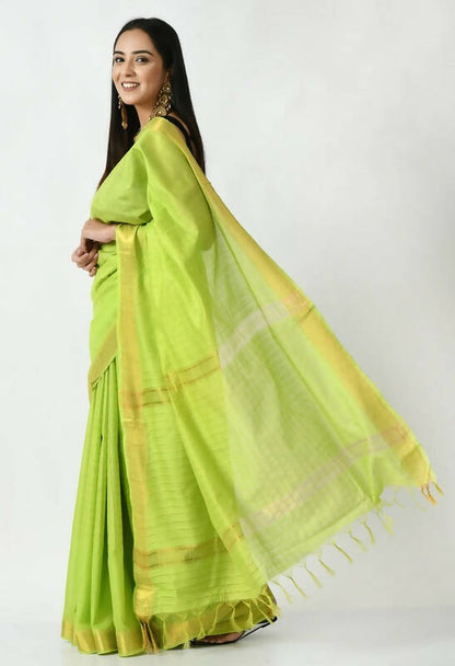 Mominos Fashion Moeza Parrot Green Bhagalpuri Handloom Silk Raj Shree Saree with unstitched Blouse piece