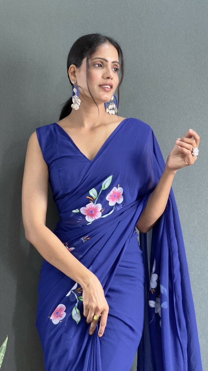 Aayaa Designer 1 min Hand Painted Ready to Wear saree - Navy Blue