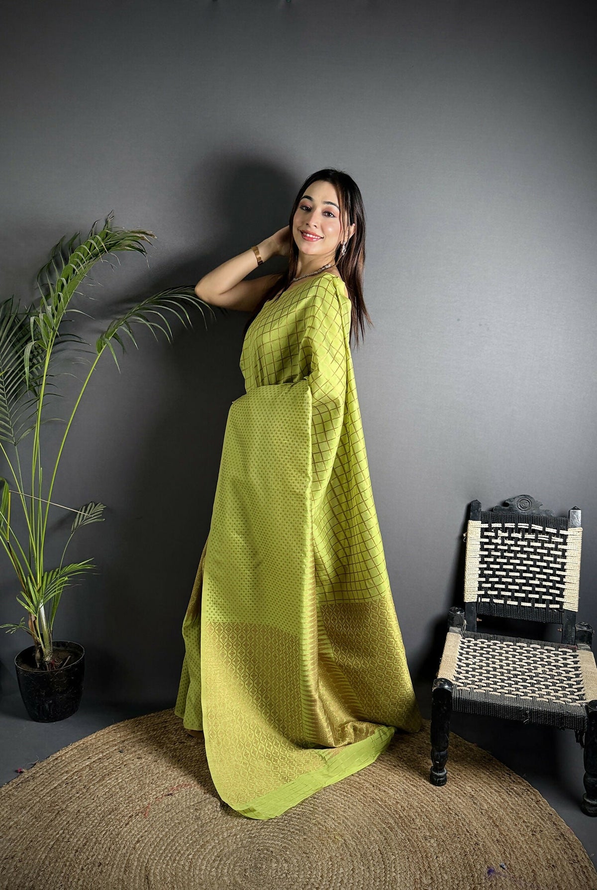 Joban Fashion Light Green Banarasi Soft Lichi Silk Checks & Woven Saree
