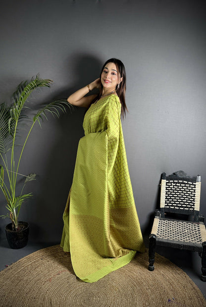 Joban Fashion Light Green Banarasi Soft Lichi Silk Checks & Woven Saree