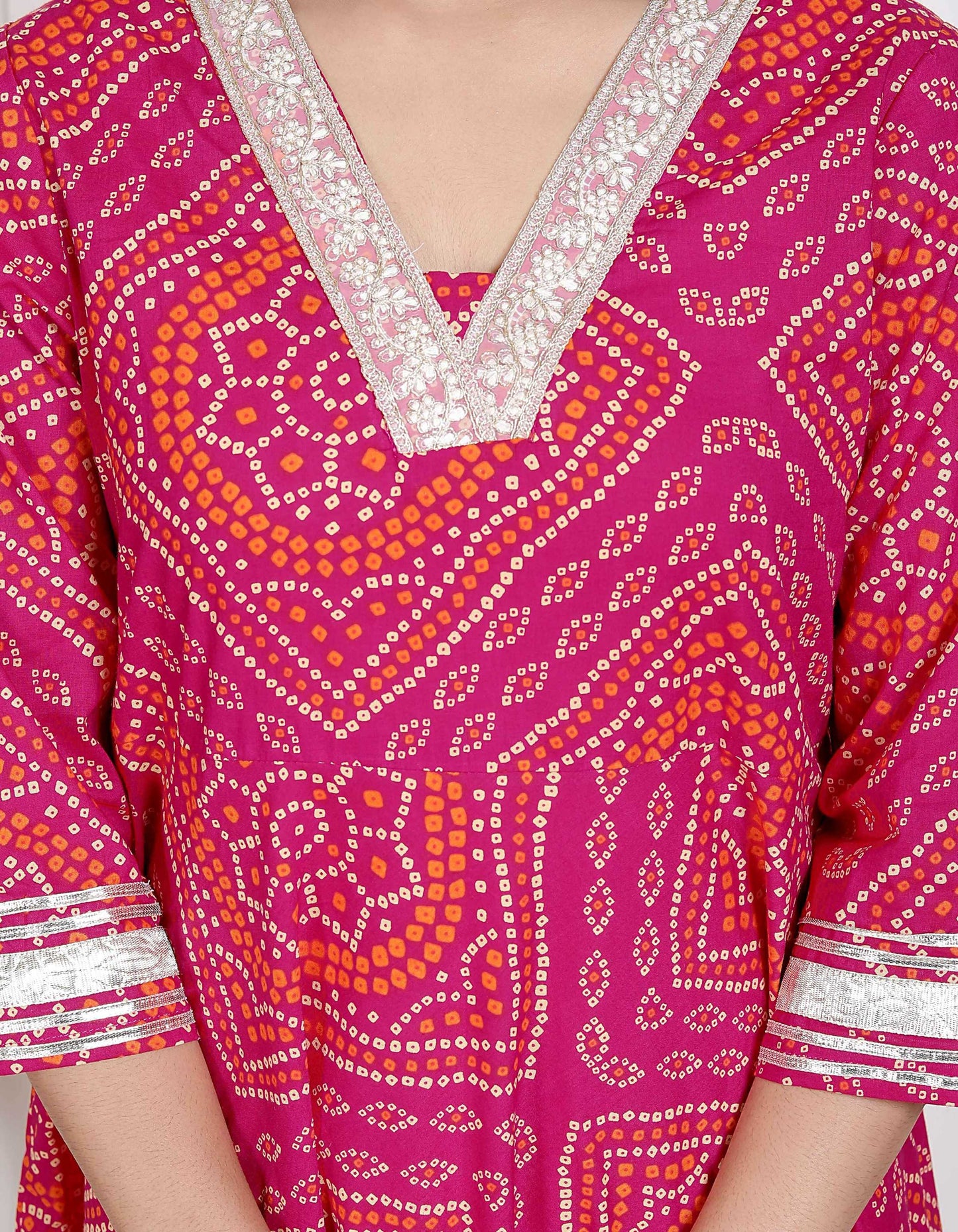 Miravan Women's Pink Cotton Bandhani Ethnic Anarkali Kurta