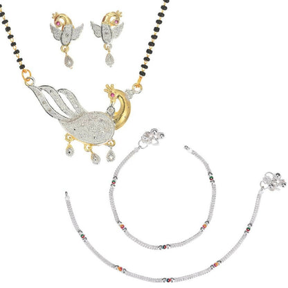 AanyaCentric Gold-Polished Mangalsutra Pendant Earring Set & Silver Plated Anklet