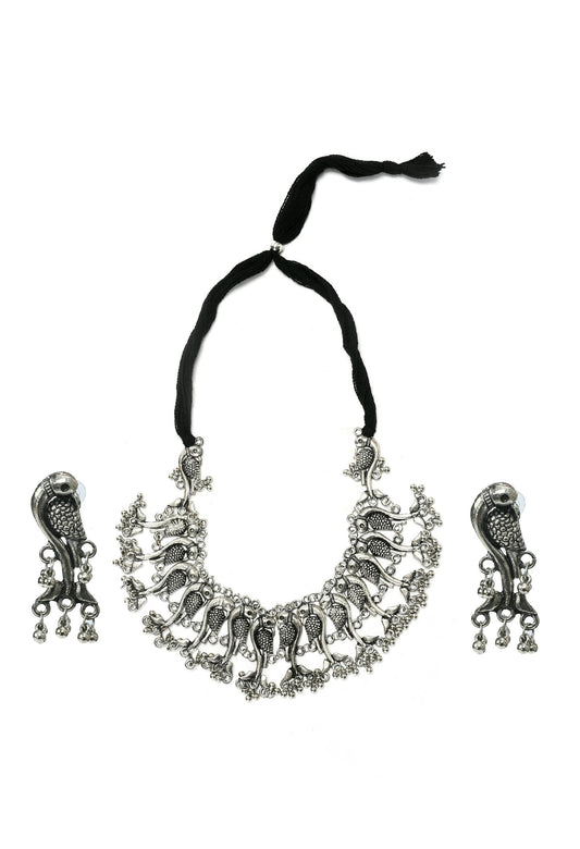 Mominos Fashion Johar Kamal Oxidised Silver-Plated Brass Finish Peacock Choker For Women (Silver)