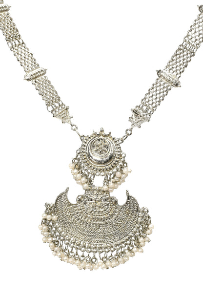 Mominos Fashion Johar Kamal Silver-Plated Brass Finish Rani Haar Statement Necklace For Women