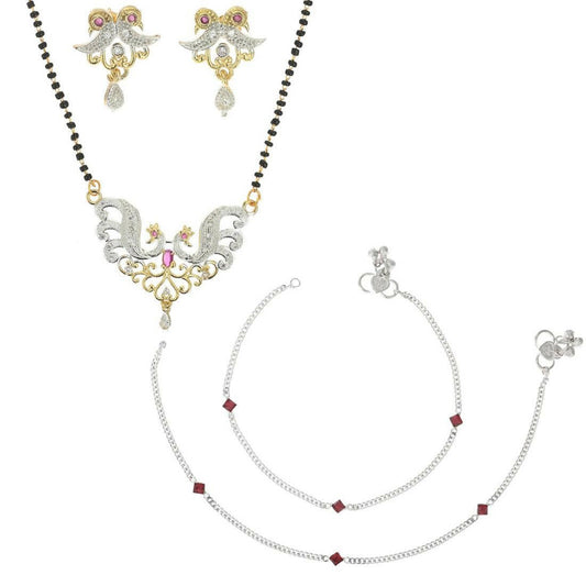 AanyaCentric Gold-Polished Mangalsutra Pendant Earring Set & Silver Plated Anklet
