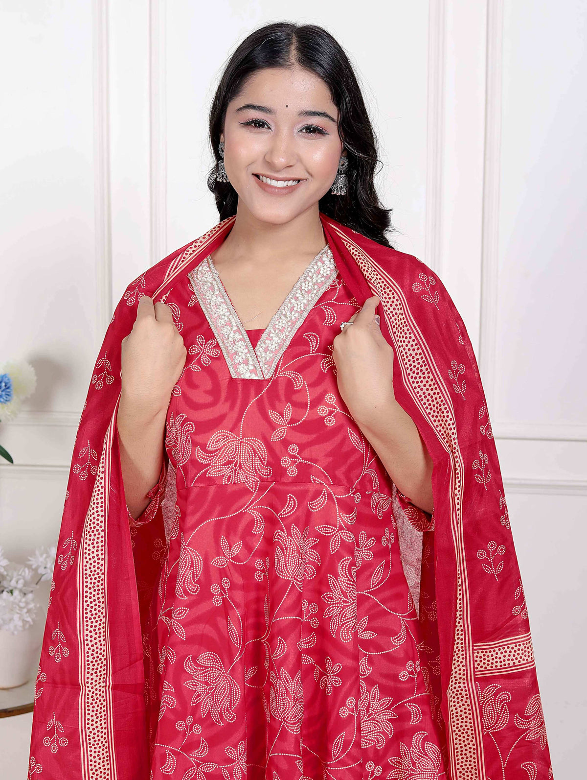 Miravan Women's red Embroidered Anarkali Kurta and Dupatta 