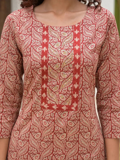 Yufta Yufta Embroidered Printed Maroon Cotton Kurta Set With Dupatta Set
