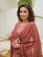 Yufta Yufta Embroidered Printed Maroon Cotton Kurta Set With Dupatta Set