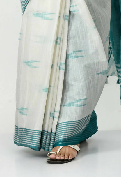 Mominos Fashion Moeza White & Sea Green Bhagalpuri Handloom Ikat Pure Cotton Saree with unstitched Blouse piece