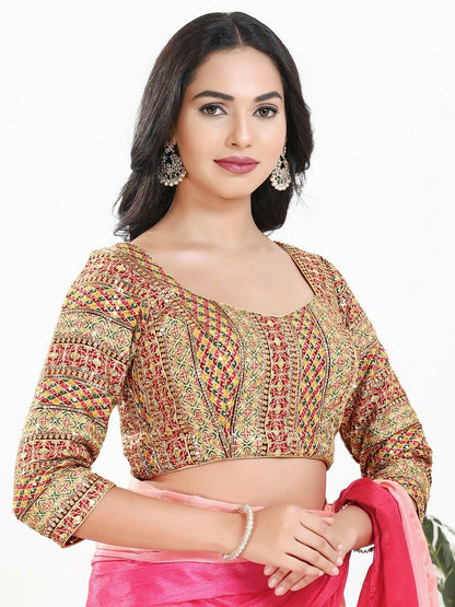 Joban Fashion Pink Multi Silk Padded Blouse With Sweetheart Neck 3/4 Sleeves