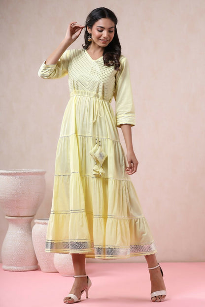 Juniper Yellow Solid Pure Cotton Solid Tiered Maxi Dress With Gota Work Dori Tie-Up & Cushioned Tassels At Waist
