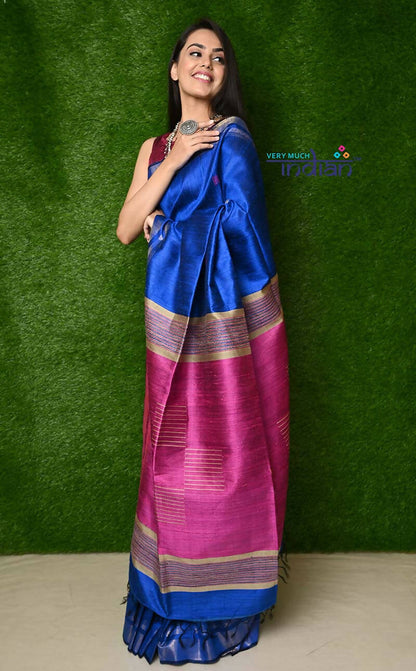 Very Much Indian Handwoven Raw Silk Dupion Saree - Cobalt Blue With Purple Pallu