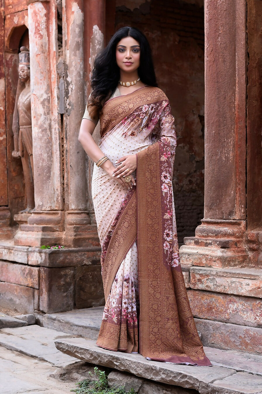 Joban Fashion Ivory And Dusty Rose Crepe Chiffon Pure Handloom Banarasi Silk Saree