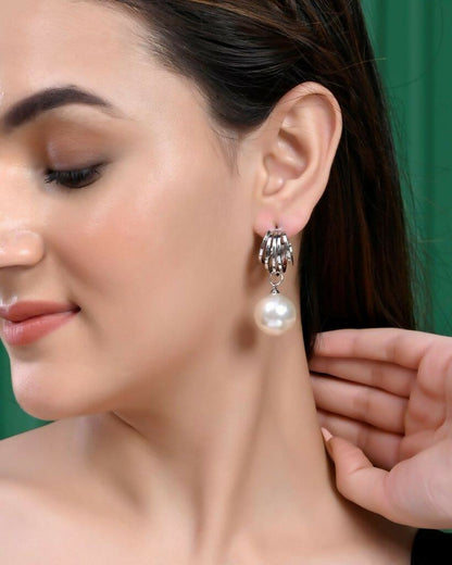 VOJ Set Of 2 Korean Drop Earrings - Gold-Polished With Black Pearl and Silver Plated With White Pearl Earrings